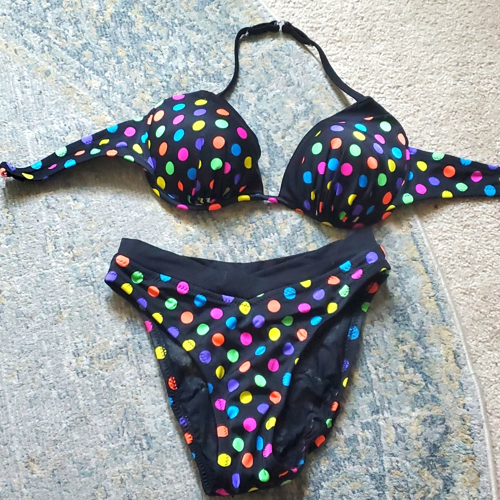 Bikini- black with rainbow polka dots